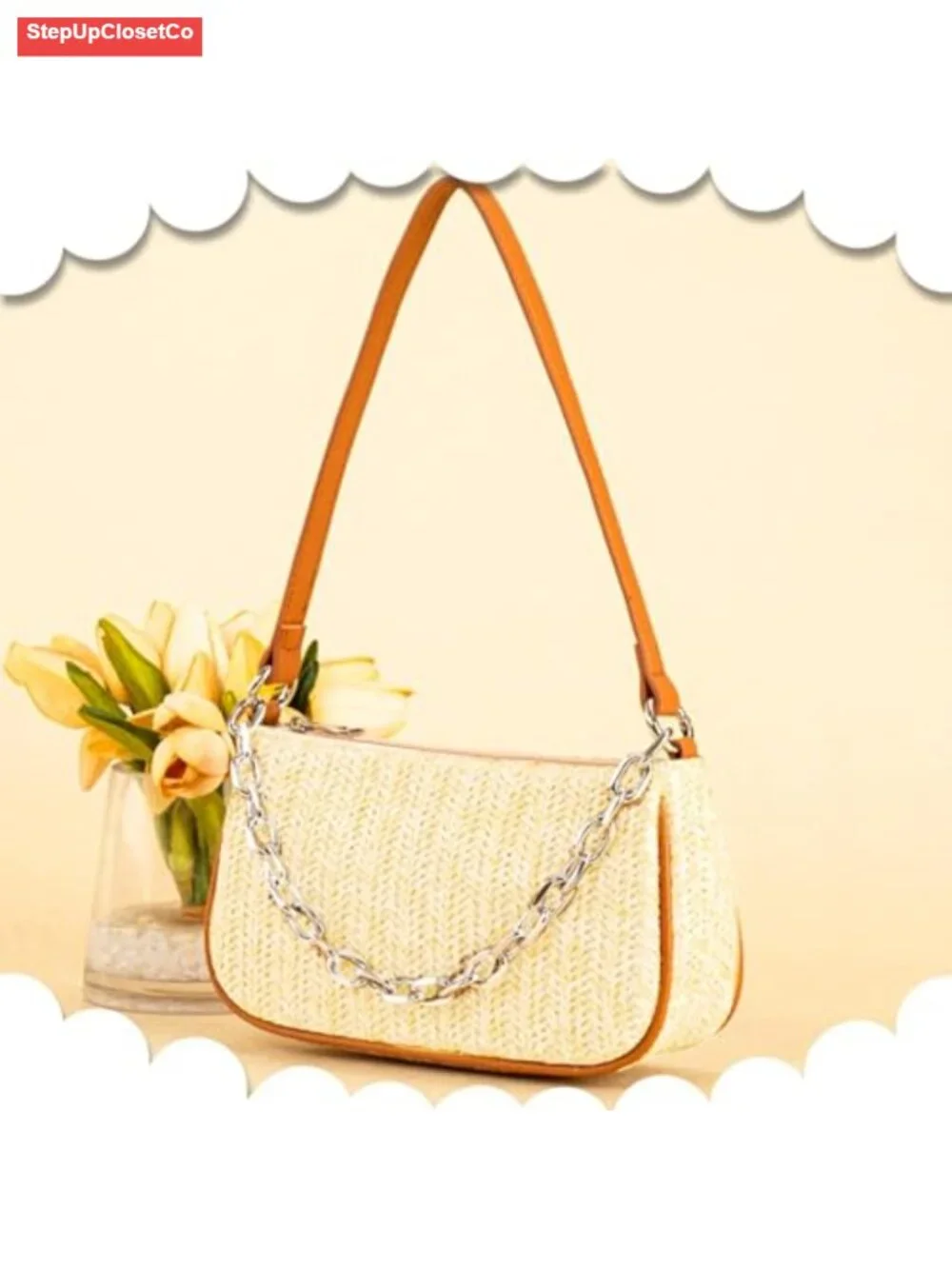Handwoven Straw Tote Hobo Bag with Chain Handle Zipper Closure Boho Beach